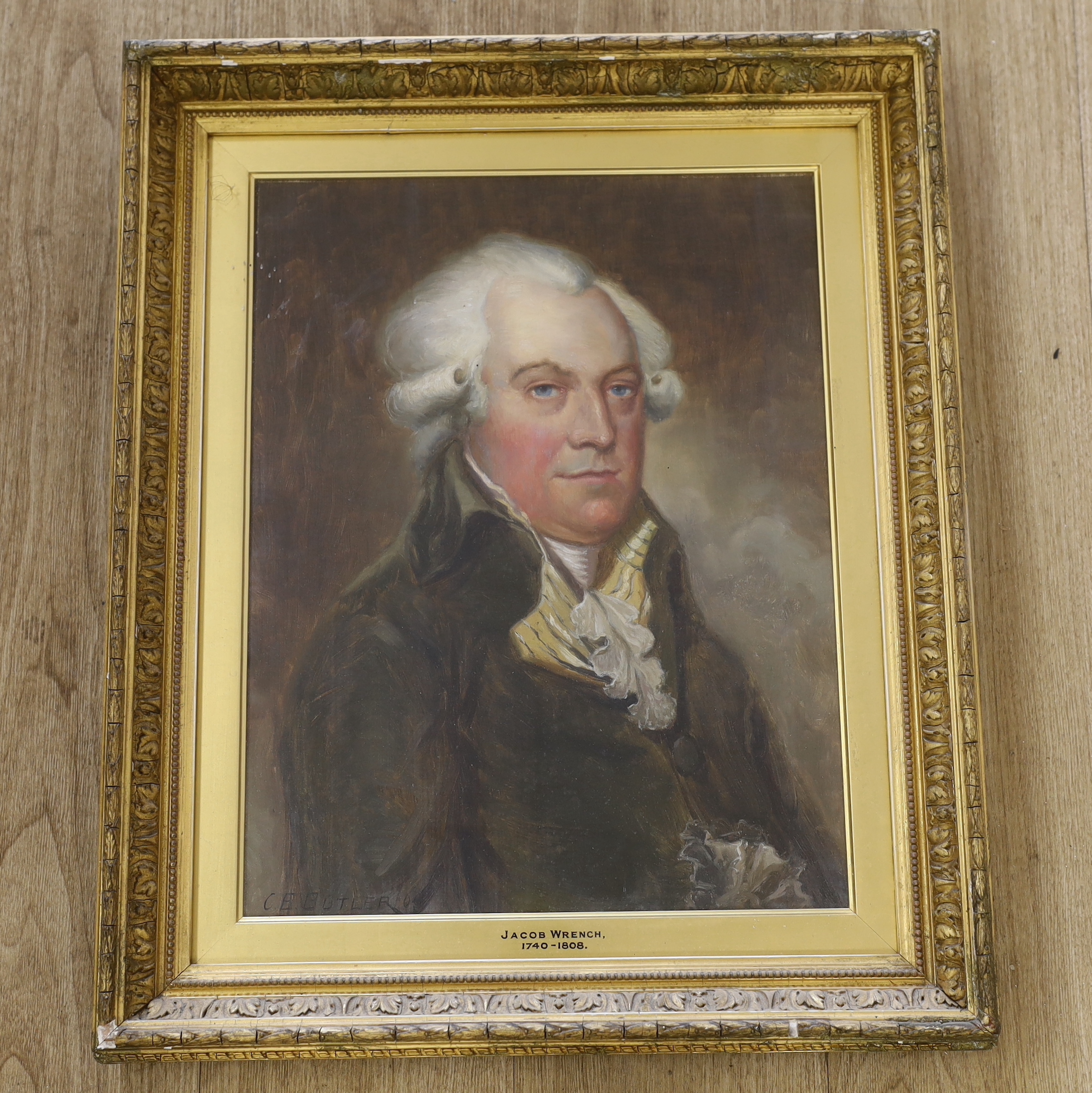 Charles Ernest Butler (1864-1933), oil on canvas laid onto board, Portrait of Jacob Wrench (1740-1808) wearing a cravat and frock coat, signed and dated '09, 44 x 34cm